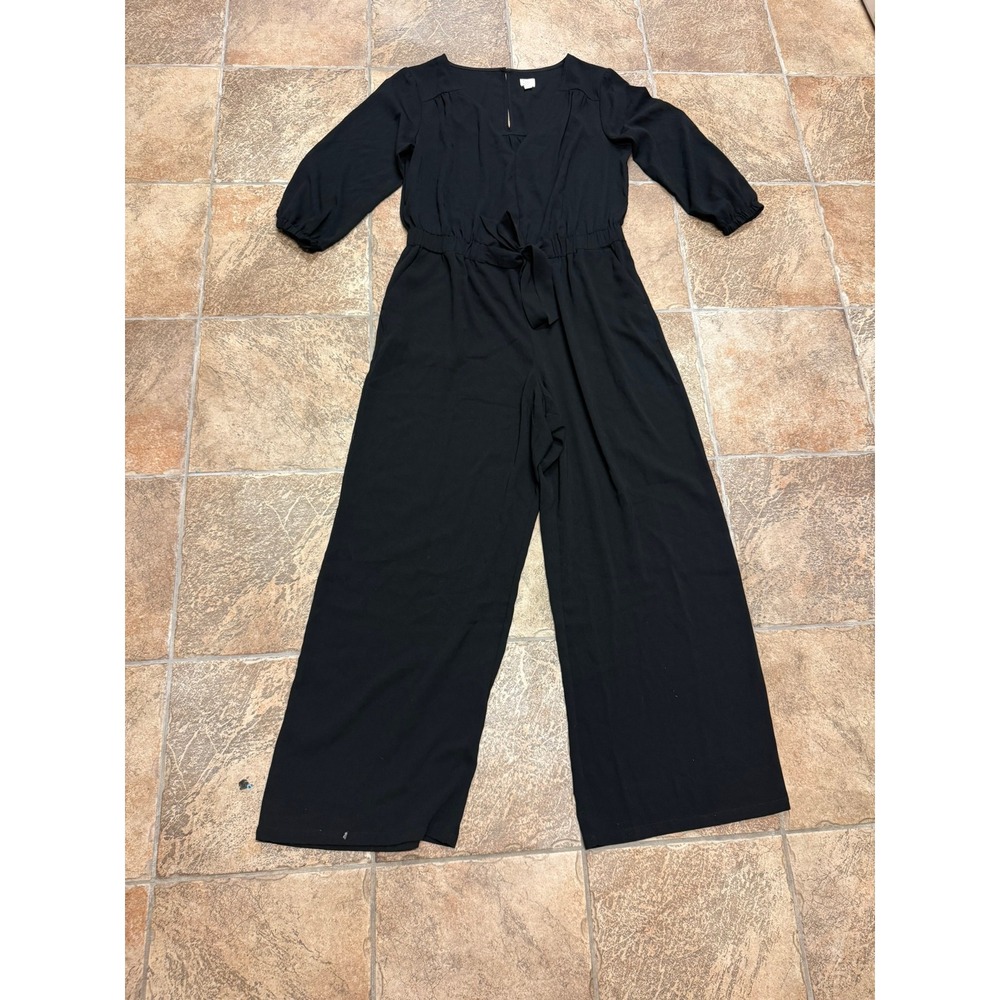 A New Day Womens Black V-Neck 3/4 Sleeve Wide Leg Tie Waist Jumpsuit Size L